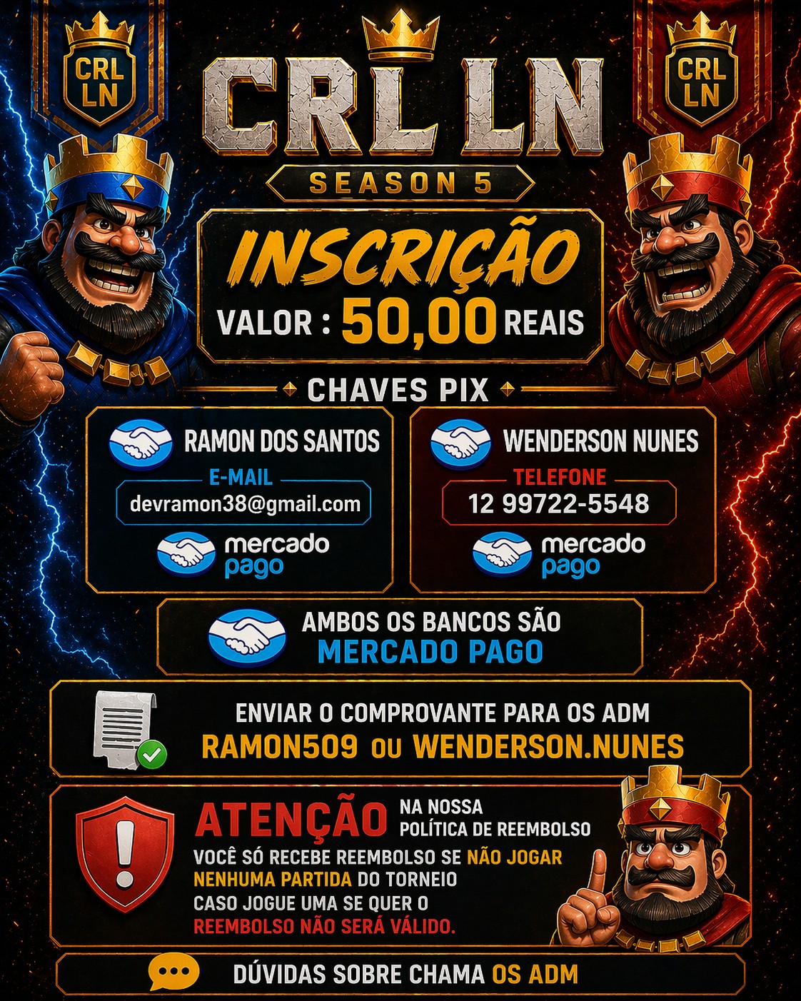 Inscrição Season 5 - Chaves PIX e informações de pagamento CRL LN