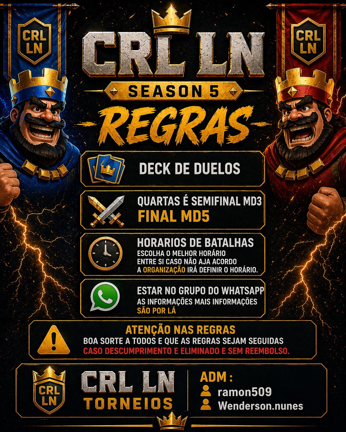 Regras da Season 5 CRL LN - Deck de Duelos, Quartas MD3, Final MD5, Horários de Batalhas